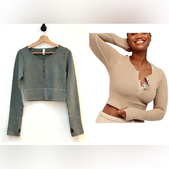 aerie Tops - Aerie Offline Main Squeeze Seamless Waffle
Cropped Henley Long Sleeve Top L